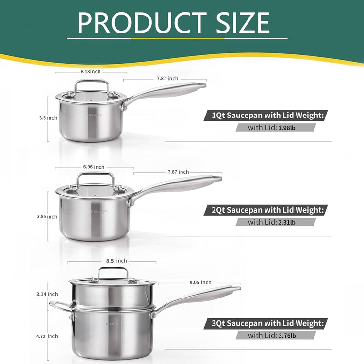 DELARLO Kitchen Pot Set, Tri-Ply Stainless Steel Saucepan Set, 1.0QT 2QT 3.5QT, Cooking Set, Fast Even Heat, Saucepan set Compatible with all Cooktops 600℉(Lids 300℉) 3.5QT Pot with a Steamer