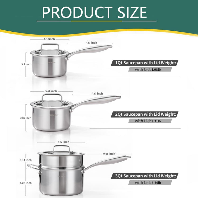 Tri Ply Stainless Steel Saucepan 1QT 2QT 3.5QT Kitchen Pot Set