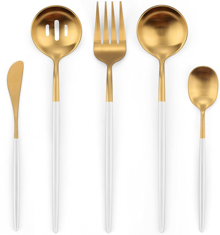 Matte Whitegold Serving Set,Oliviola 5-Piece Stainless Steel Large Hostess Set with Round Edge, Satin Finished, Dishwasher Safe -Large Spoon, Large Fork,Butter Knife,Sugar Spoon & Slotted Spoon