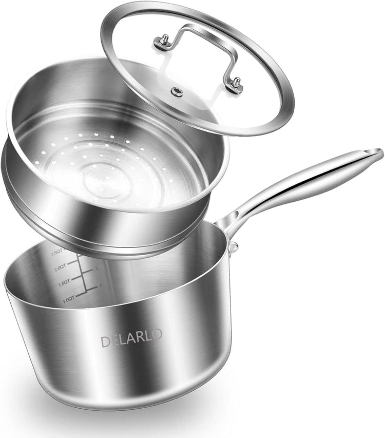 DELARLO Kitchen Tri-Ply Stainless 3-Quart Steamer Set With Glass Lid,with Ergonomic Handle, Multipurpose Sauce Pan, Sauce Pot,oven safe