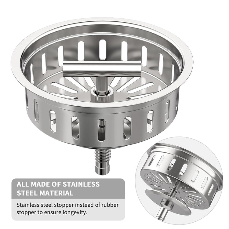3-1/2 Inch Kitchen Sink Drain Strainer Assembly Made by All Stainless Steel with Strainer Basket/Drain Stopper, Replacement for Standard Commercial Drains