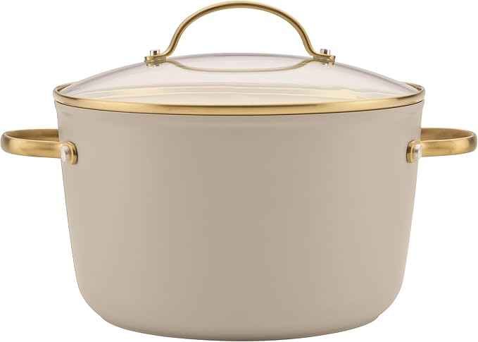 Farberware Forged Induction Ceramic Nonstick Pots and Pans Set with Cooking Tools, Dishwasher Safe, Gold Color Stainless Steel Handles, 12 Piece Cookware Set - Taupe
