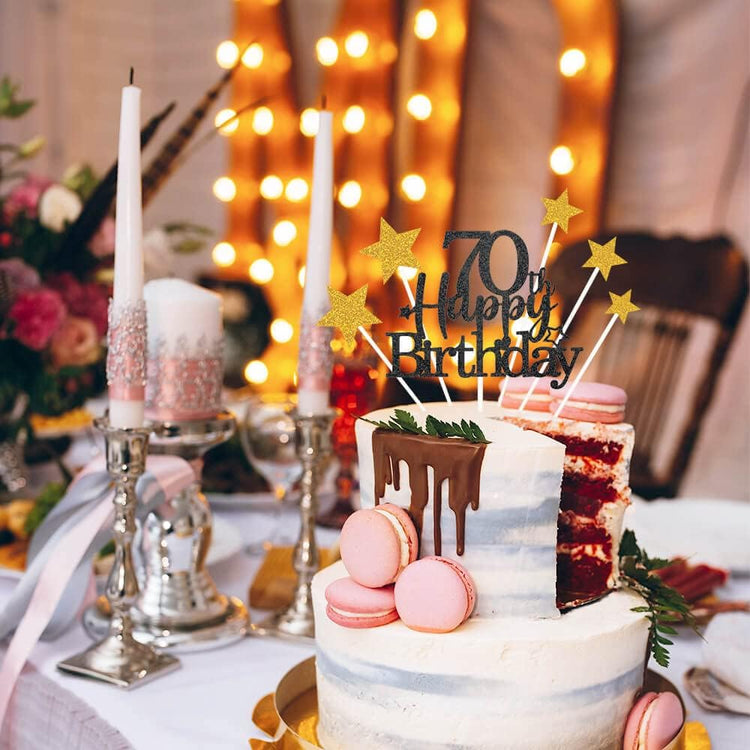Glittery 70th Happy Birthday Cake Topper with Star,Personalised 70 Birthday Cake Toppers Party Decorations Party Supplies for Men Women Black Gold