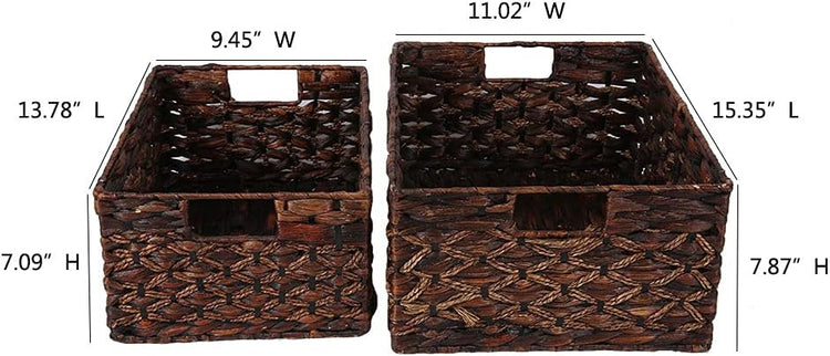 Rectangular Woven Water Hyacinth Basket,Dark Storage Basket With Inside Handle Shelves Kitchen Office Desk (Set of 2)