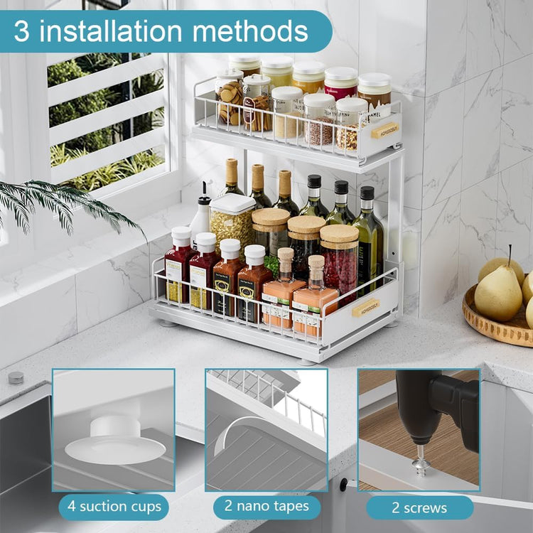Under Sink Organizer, Pull Out Kitchen Cabinet Organizer, 2-Tier Metal Under Sink Organizers and Storage Height-Adjustable, Kitchen Bathroom Organizers and Storage Shelves, White