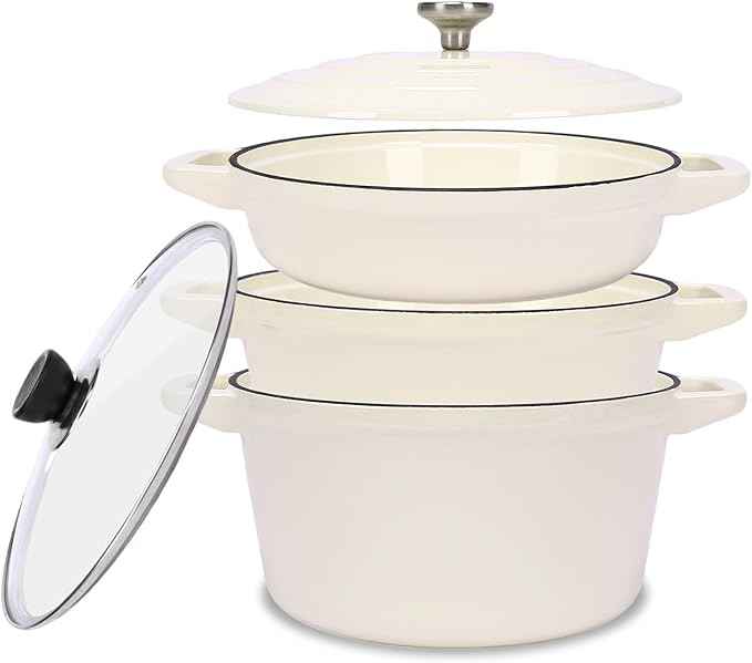 QuliMetal Enameled Cast Iron Set 5-Pc, 10" Stackable Space-Saving Cookware Set, Dutch Oven, Skillet, Grill Pan, with 2 Universal Lid, Versatile Enamel Dutch Oven, Included Spacers, White