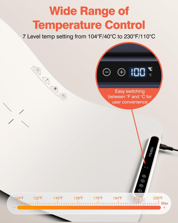Food Warming Mat, iTRUSOU 27.5x16'' Electric Warming Tray with 7 Temp-Settings, Switchable Fahrenheit/Celsius, 99h Timer, Foldable Food Warmer Keep Food Warm at Buffet, Party, Sabbath, Daily Use