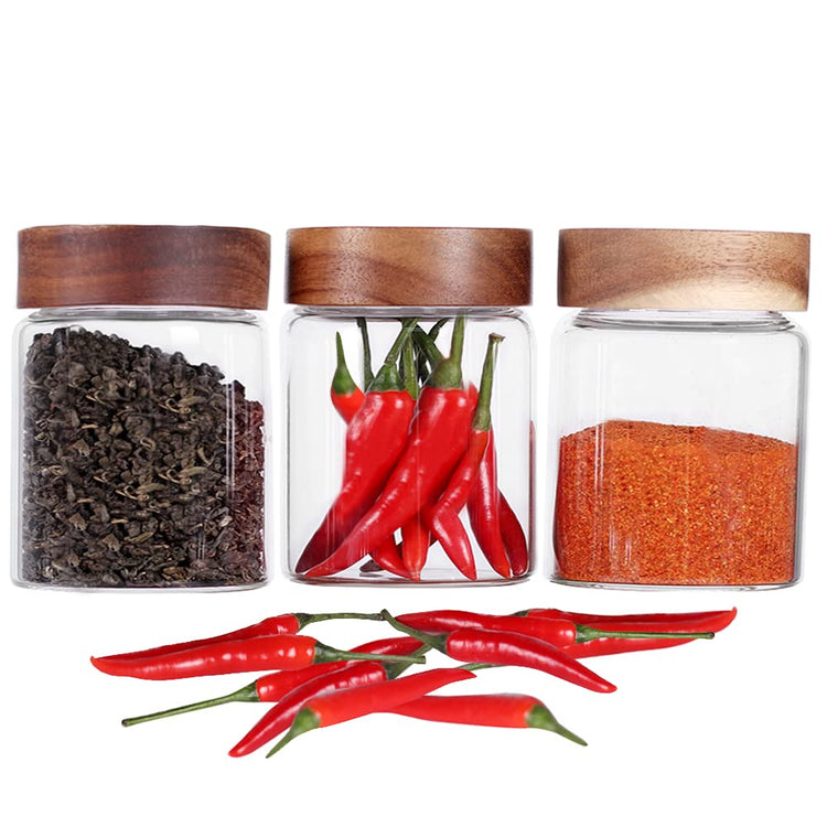 3 Packs Glass Food Storage Jars with Screw Airtight Seal Acacia Wood Lids