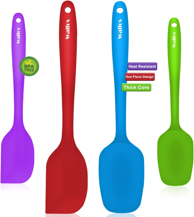 Walfos Silicone Spatula Set of 4(600°F),Heat Resistant Kitchen Silicone Scraper Spatulas, Strong Steel Core and One-Pieces Seamless Design, For Cooking Mixing & Baking,BPA Free & Dishwasher Safe