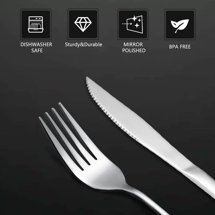 SANTUO 12 Pcs Silverware Set with 6 Steak Knives and 6 Dinner Forks,Flatware Set with Top Food Grade Stainless Steel,Tableware Cutlery Set For Home Restaurant Hotel, Mirror Finish, Dishwasher Safe