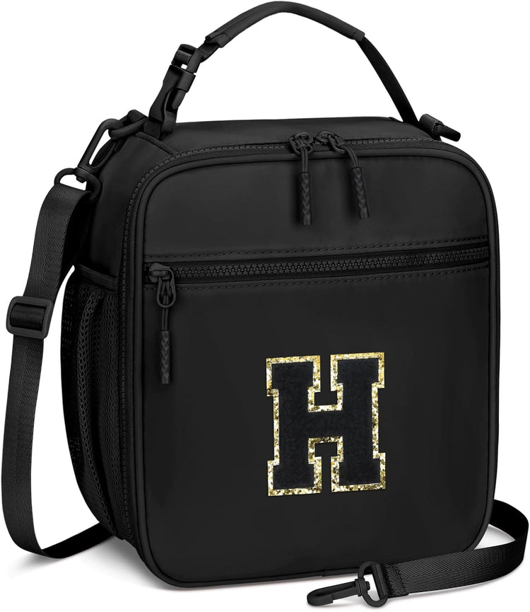 Initial Insulated Lunch Bag for Boys Kids, Back to School Gift, Reusable Leak-proof Lunch Box with Adjustable Strap for School Daycare Travel Picnic(Black,H)
