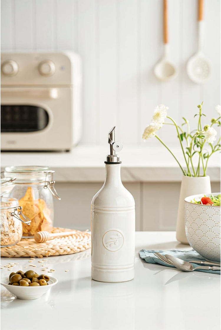 Olive Oil Dispenser Bottle with Spout, 18 oz Ceramic Oil Dispensers for Kitchen, Opaque Cruet, EVOO & Vinegar Bottle with Automatic Stainless Steel Pourer, Pack of 1