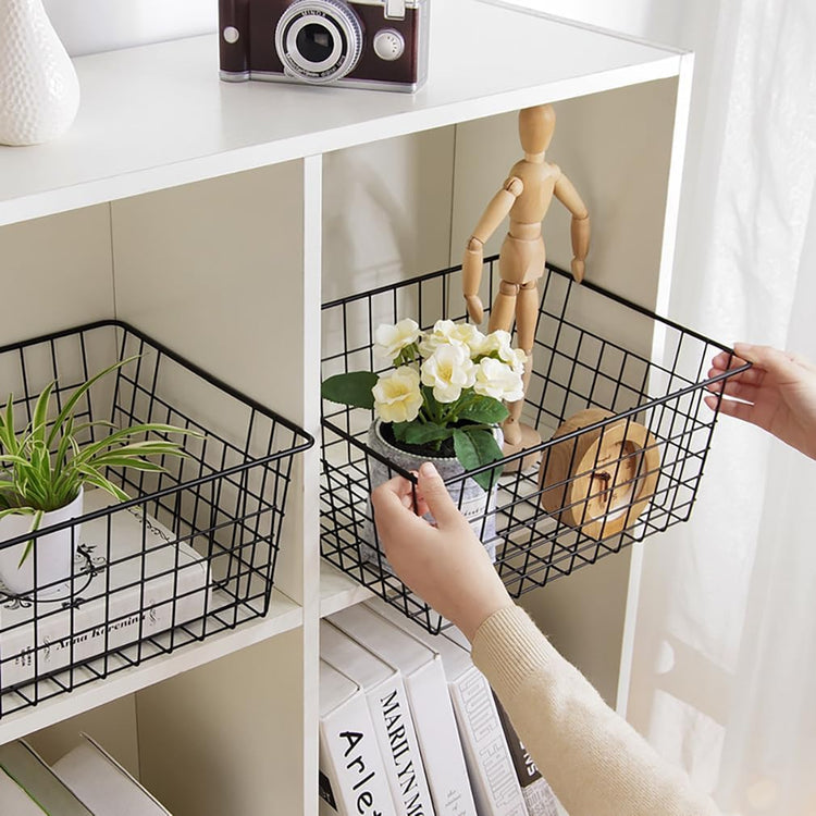 Kitchen Wire Baskets Farmhouse Decor Metal Food Storage Organizer, Household Refrigerator Bin with Built-in Handles for Cabinets,Pantry Set of 2 Black