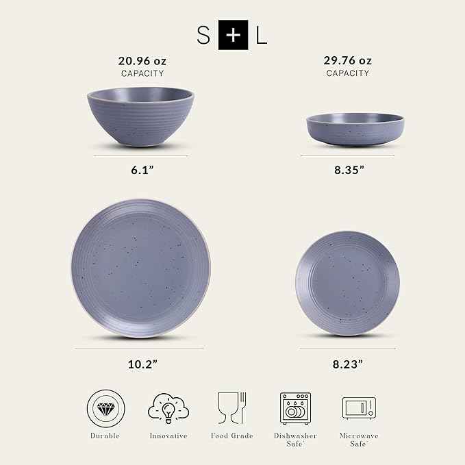 Stone Lain Lauren Modern Stoneware 32-piece Round Dinnerware Set, Plates and Bowls Set, Dish set for 8, Light Gray