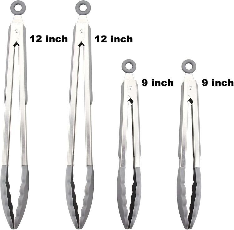 4 Pack Aqua Sky Kitchen Tongs, Premium Silicone BPA Free Non-Stick Stainless Steel BBQ Cooking Grilling Locking Food Tongs, 9-Inch & 12-Inch