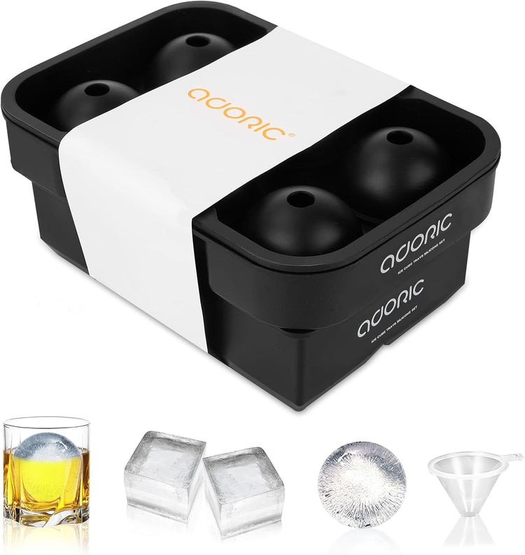 Ice Cube Trays (Set of 2), Sphere Ice Ball Maker & Square Large Ice Cube Molds, Freezer Molds for Whiskey, Cocktails, Homemade Drinks-Reusable & BPA Free