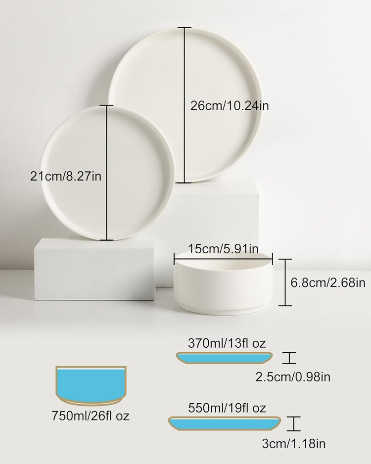 Sweejar Porcelain Dinnerware Sets for 6, 18 Pieces Ceramic Plates and Bowls Set, Classic Modern Simple Kitchen Dinner Dining Ware Set, Dishwasher and Microwave Safe Dishes Sets(Pure White-Black Rim)