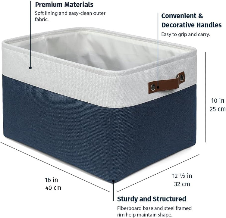OrganiHaus Extra Large Fabric Storage Bins for Shelves 16x13in, Closet Storage Baskets for Shelf Organizing, Canvas Rectangle Bins for Organization, Linnen Baskets for Organizing - Navy Blue/White