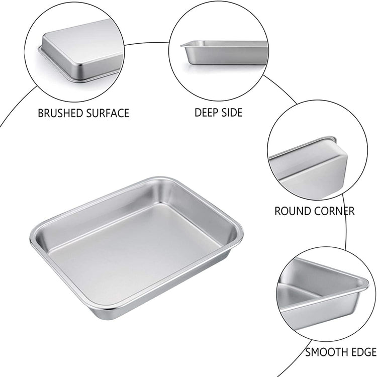 TeamFar Lasagna Pan, 10.5 x 8 x 1.7 inch Stainless Steel Rectangle Cake Pan Brownie Pan Set for Roasting Baking, Non Toxic & Healthy, Oven & Dishwasher Safe, Brushed Surface & Wider Edge - Set of 2