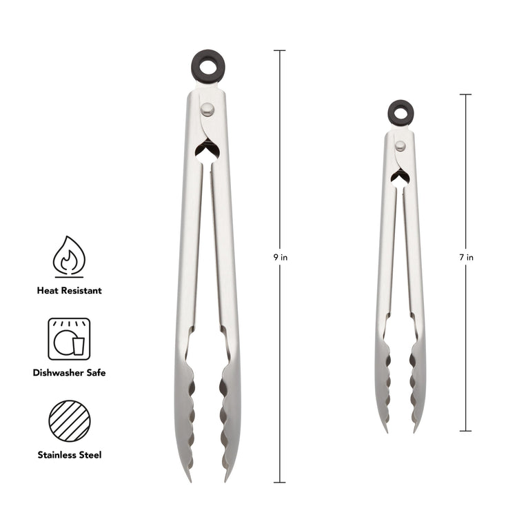 Set of 2 Stainless Steel Tongs with Scalloped Edges Easy Lock Dishwasher Safe Durable and Versatile 7 Inch and 9 Inch Silver