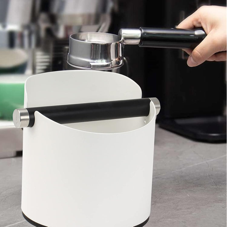 DIBTSA Coffee Knock Box, Espresso Knock Box Stainless Steel Espresso Machine Accessories with Removable Knock Bar and Non-Slip Base Coffee Grounds Container Bin, Large (White)