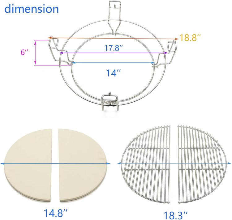 Multi-Level Cooking Grates with Ceramic Heat Deflectors, System Kit for Large Big Green Egg, BGE Kamado Joe Classic, Char-Griller Akorn 18" Charcoal Grill
