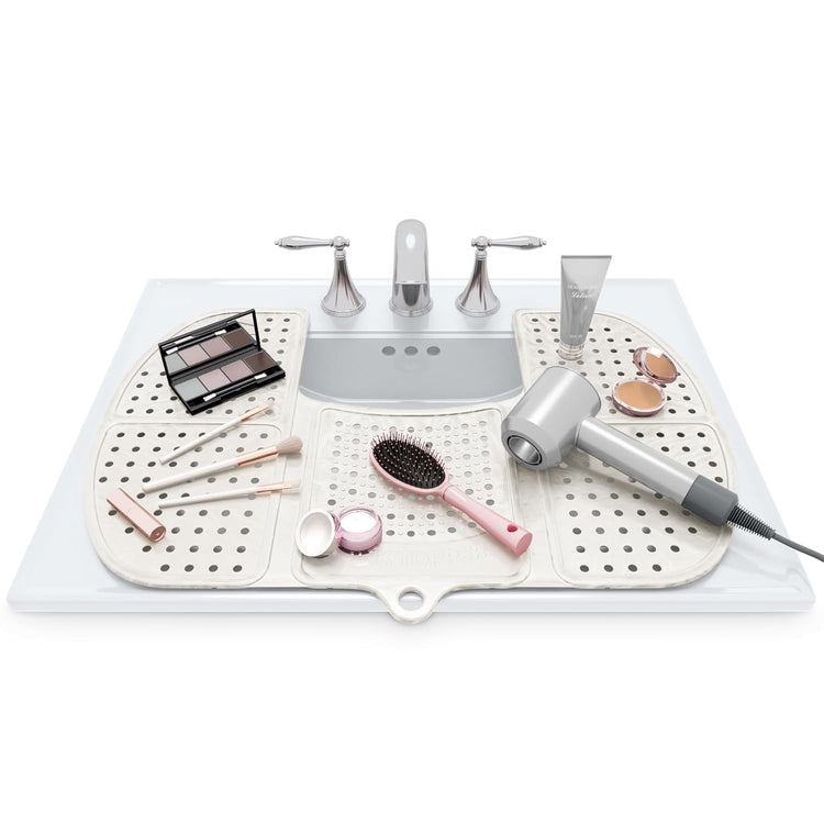 Sink Topper Bathroom Counter Cover & Storage Saver, Foldable Silicone Mat for Hot Tools, Hair Styling & Makeup, Beauty Brush Cleaning Mat, RV Camper Sink Cover & for Small Spaces (Large Pearl)