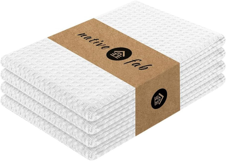 Native Fab Cotton Kitchen Towel with Hanging Loop 16x26 inches, 4-Pack, Waffle Weave Kitchen Towels for Cleaning Drying, Washcloths Soft & Absorbent Cloth Rags, Bar Towel, Dish Cloth, White - Nestoria