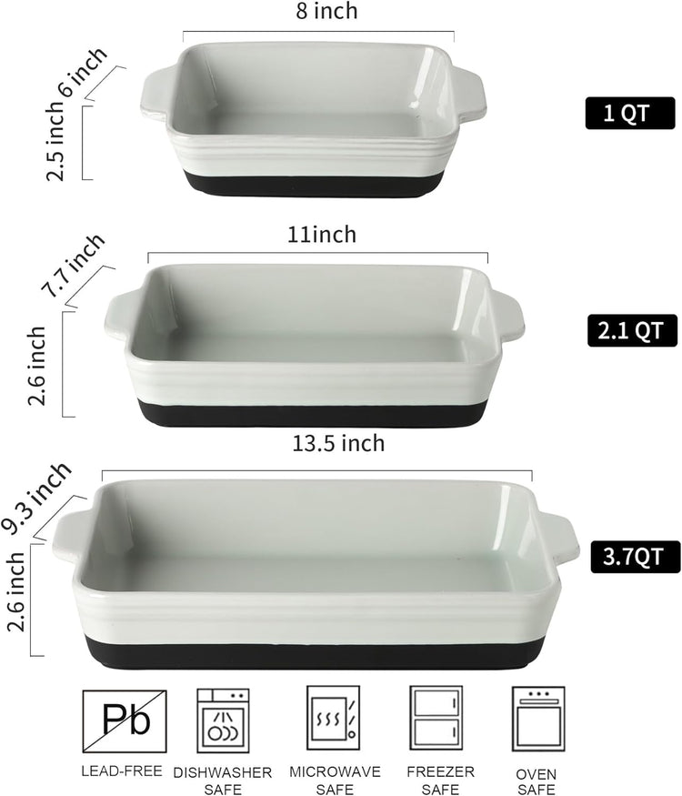 HVH Baking Dish Set, 9x13 Baking Dish, Large Casserole Dishes for Oven, Ceramic Lasagne Pan Deep, Baking Dishes for Casseroles 13 x 9, Ceramic Bakeware Set of 3, Farmhouse Style (Black Pottery)