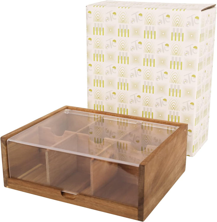 Tea Bag Organizer 6 Compartments by HTB| Gift Box Acacia Wood Tea Organizer for Tea Bags with Acrylic Transparent Hinged Lid