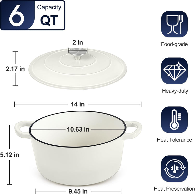 P&P CHEF 6QT Enameled Dutch Oven, Cast Iron Dutch Oven Pot with Lid for Bread Baking, Enameled Casserole Pot for Roasting Braising Stewing Frying Simmering, Various Stoves & Easy Clean, White - Nestoria