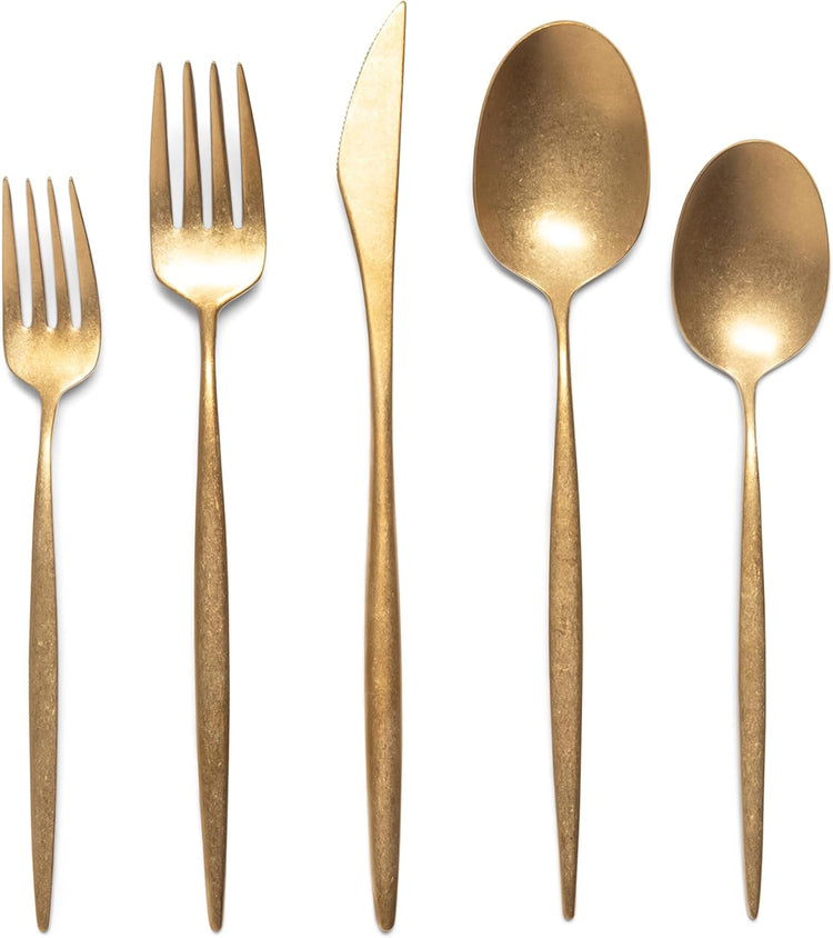 Luxury Vintage Flatware 20-Piece Set – Service for 4, Premium Stainless Steel with Weighted Handles, Aged Heirloom Finish, Dishwasher Safe, Elegant and Modern Cutlery (Vintage Gold)