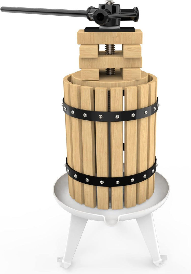 SQUEEZE master Fruit Press- 1.6 Gallon/6L-Solid Wood Basket Wine Press-Vintage traditional juicer-6 Press Wooden Blocks-Pole Handle Bar for Juice,Wine,Cider-1 free filter bag included