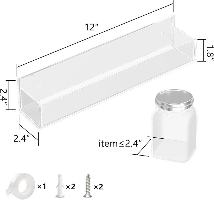 WUIVIUT Invisible Acrylic Wall Spice Rack Adhesive wall mounted rack organizer 11.8 inch spice shelf holder Drilling or self-adhesive organizer rack (Clear-4 Pack)