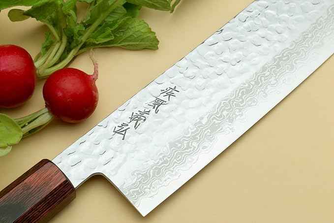 Yoshihiro VG10 46 Layers Hammered Damascus Nakiri Japanese Vegetable Knife (6.5'' (165mm) Rosewood Handle)