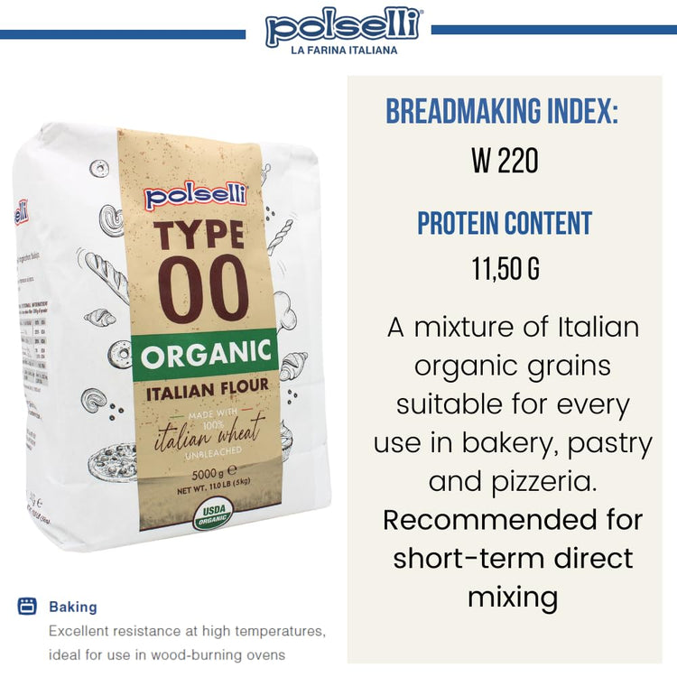 POLSELLI Organic Flour, Type 00, 100% Italian Grain, Double Zero Flour, OO Extra Fine, BIO, Neapolitan Italian Pizza, Bread, Pasta, All Natural, Unbleached, All-Purpose Flour, Unbromated, No Additives - Nestoria