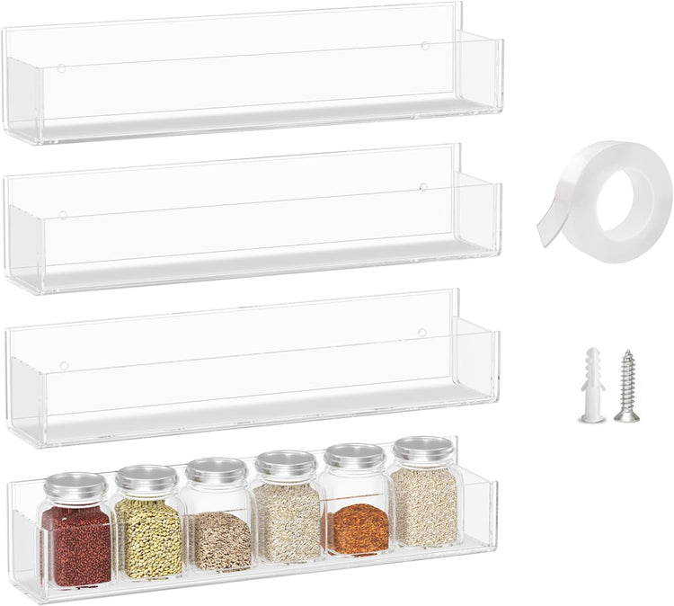 WUIVIUT Invisible Acrylic Wall Spice Rack Adhesive wall mounted rack organizer 11.8 inch spice shelf holder Drilling or self-adhesive organizer rack (Clear-4 Pack)