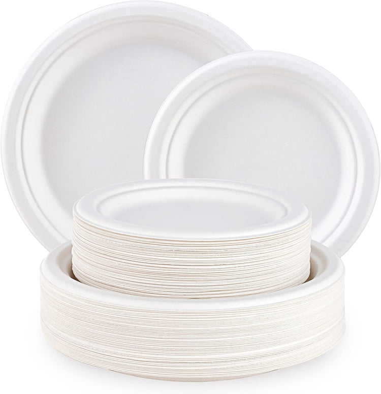 ECOLipak 120 Pack Compostable Paper Plates, 9 inch and 7 inch Heavy Duty Disposable Paper Plates, Eco friendly Sugarcane Biodegradable for Party Dinner Birthday