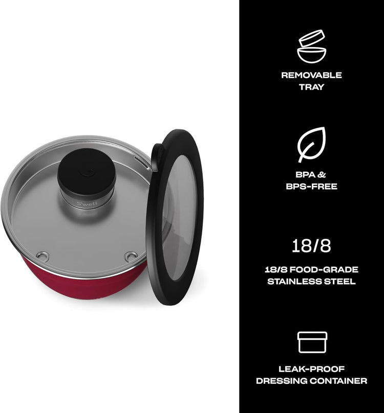 S'well Stainless Steel Salad Bowl Kit 64oz, Wild Cherry, Comes with 2oz Mini Canister and Removable Tray for Organization, Leakproof, Easy to Clean, Dishwasher Safe (Pack of 8)