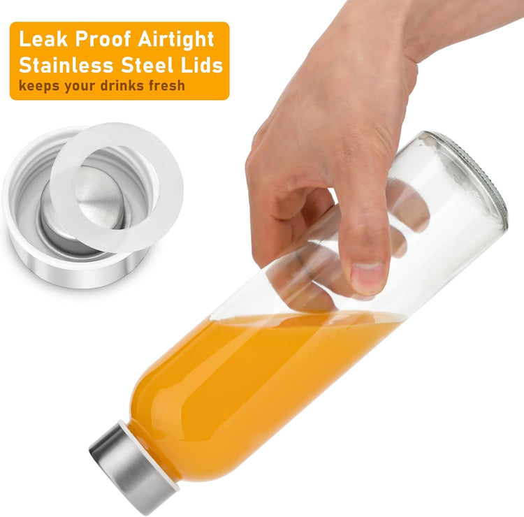 Sursip 18oz Glass Water Bottle Set of 6, Clear glass juice bottle for juicing,Reusable Drinking Bottles with Stainless Steel Lid,Beverage Storage Containers for Refrigerator-BPA Free,Leak Proof