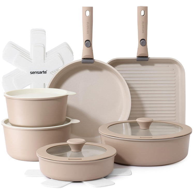 17 Piece Ceramic Detachable Handle Pots and Pans Set Almond Beige