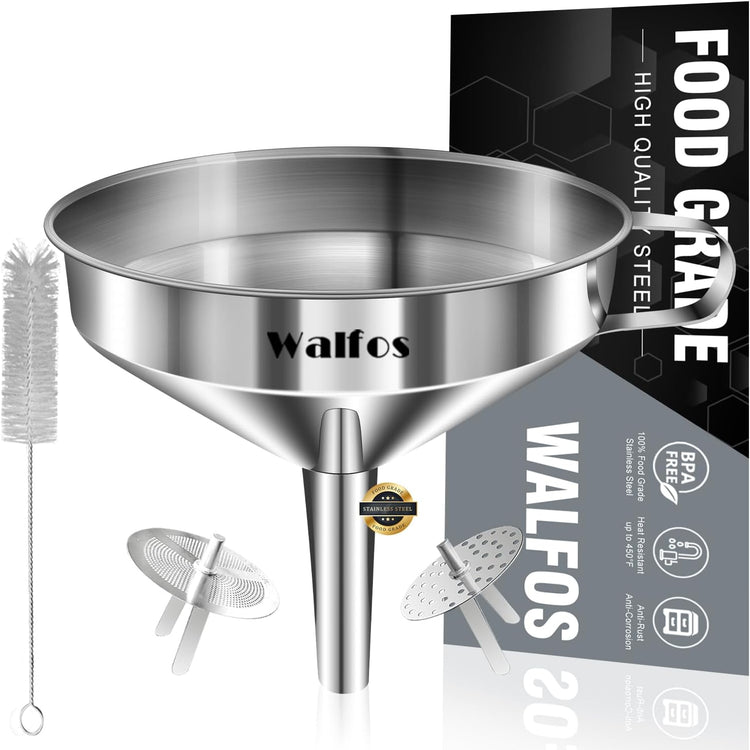 Large Stainless Steel Funnel, Walfos Kitchen Funnel with 2 Removable Strainer & 1Pc Cleaning Brush, Perfect for Transferring of Liquid, Oils, Jam, Dry Ingredients & Powder (Big, 5.7")