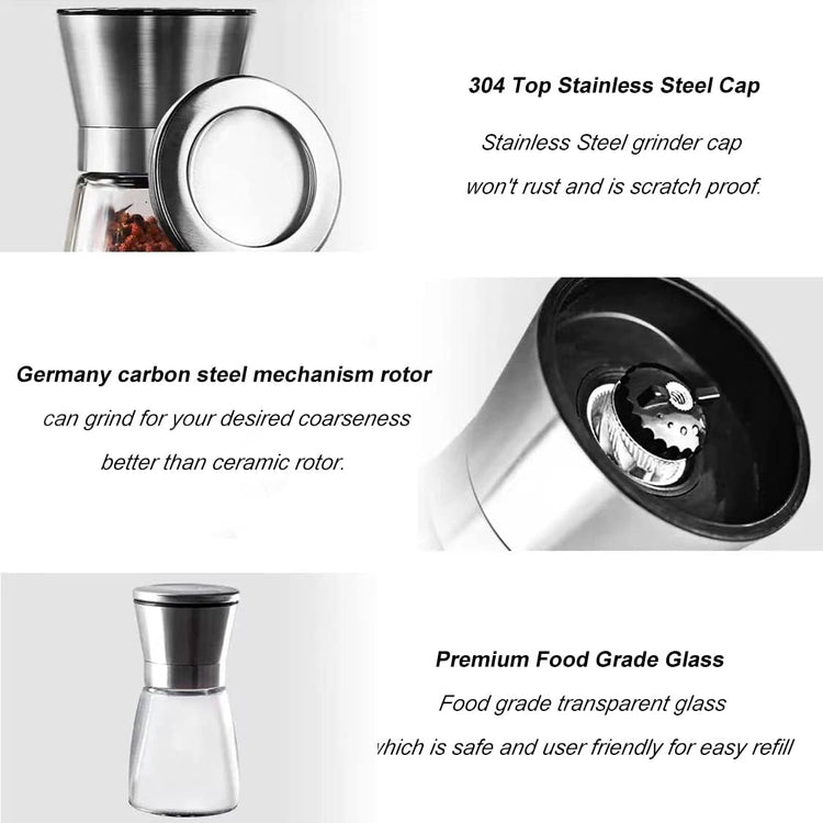 Professional Pepper Grinder - with Germany Hardened Carbon Steel Mechanism Rotor, Refillable Pepper Mill 6OZ Glass Adjust Coarseness (1PCS-Sliver-304)