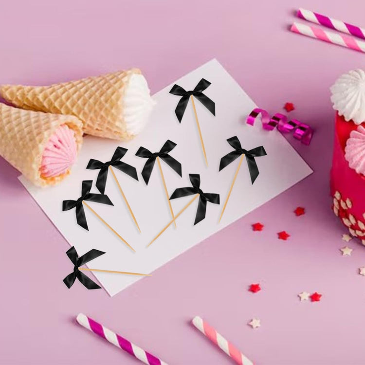 Black Bow Cupcake Toppers, 40 Pcs Bow Cake Topper Birthday Decorations Bowknot Cupcake Picks for Coquette Theme Party Decoration Bachelorette Bridal Engagement Wedding Baby Shower Party Decor