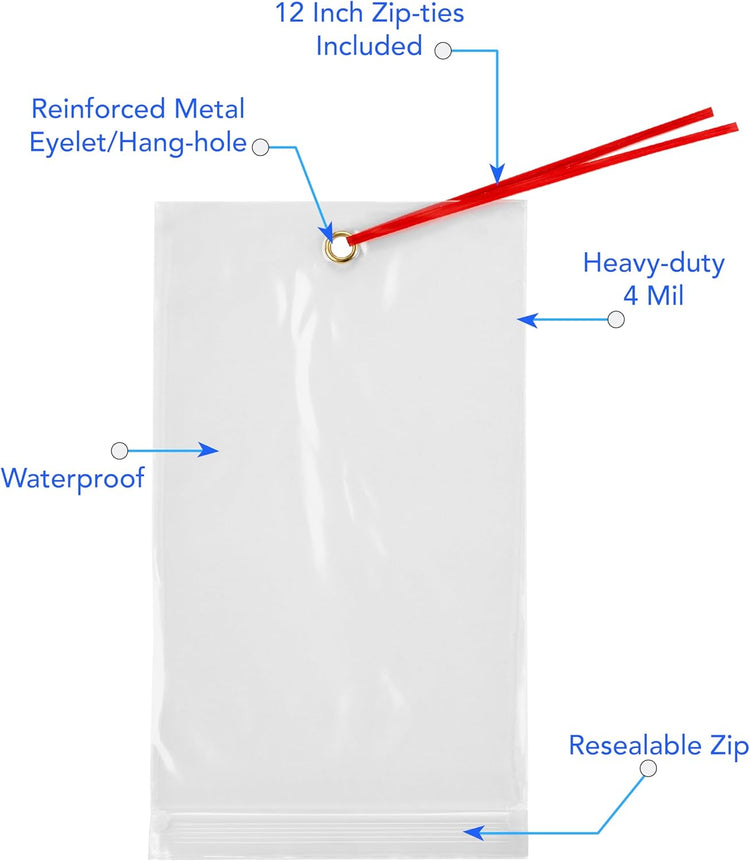 GPI - 5.5" x 9" Reclosable Zip Bags with Bottom Hang-hole & Pre-inserted 12" Twist-tie. 4 Mil Heavy-duty Resealable Zipper Baggy with Grommet/Metal Eyelet for Hanging (Insert Size 5x7.5) 500 Pack