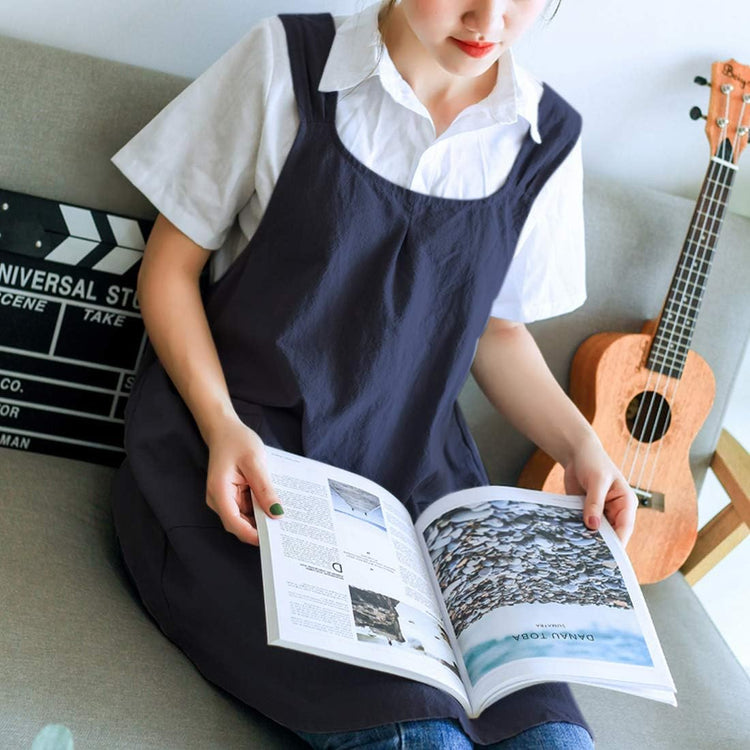 NEWGEM Japanese Linen Cross Back Cooking Aprons for Women Men with Pockets Cute for Baking Kitchen