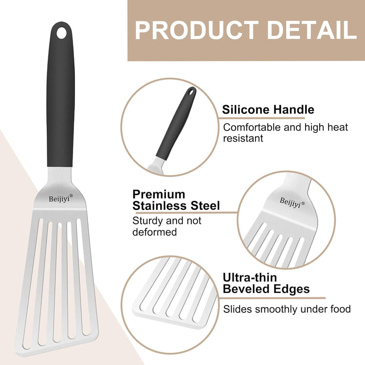 Beijiyi 2 Pack Fish Spatula Set, Stainless Steel Slotted Turner for Flipping Fish, Egg, Burgers, Metal Spatulas for Kitchen and Grilling Thickened Cooking Utensils with Silicone Handle, 13.3" & 11.3"