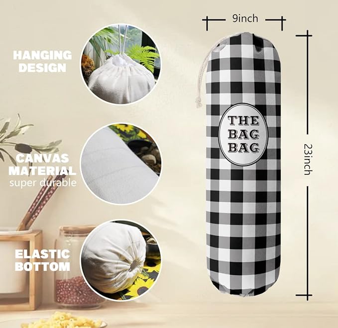Black White Buffalo Check Plaid Grocery Bags Holder Organizer For Shopping Bags,Wall Mount Plastic Bags Storage Container Dispensers, Kitchen Housewarming Gifts For Women Family Friends Grandma Mom