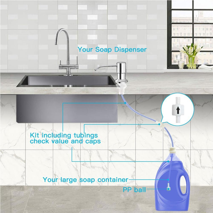 Dish Soap Dispenser for Kitchen Sink, Countertop Sink Soap Dispenser Water Pump with 47” No-Spill Extension Tube Kit Design for Kitchen Bathroom, No More Refills (Chrome)