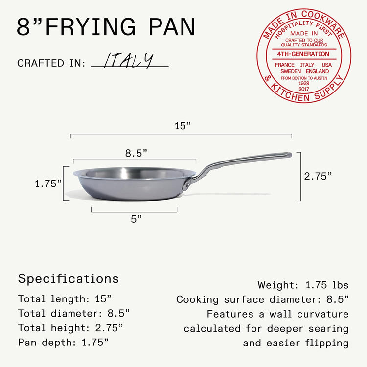Cookware - 8-Inch Stainless Steel Frying Pan - 5 Ply Stainless Clad - Professional Cookware - Crafted in Italy - Induction Compatible